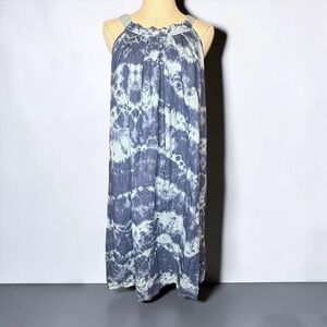Bellambra Linen Halter A-Line Dress Resort Wear Lagenlook Boho Tie Dye Blue sz L